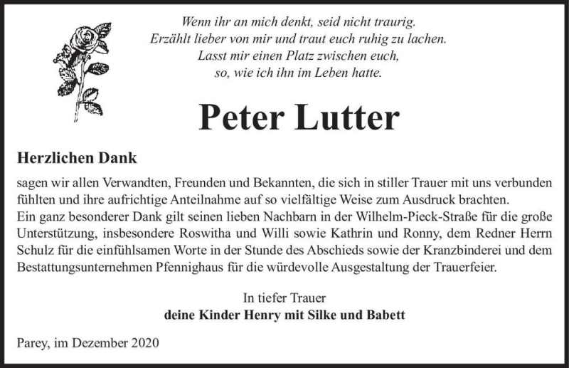  Traueranzeige für Peter Lutter  vom 24.12.2020 aus Magdeburger Volksstimme
