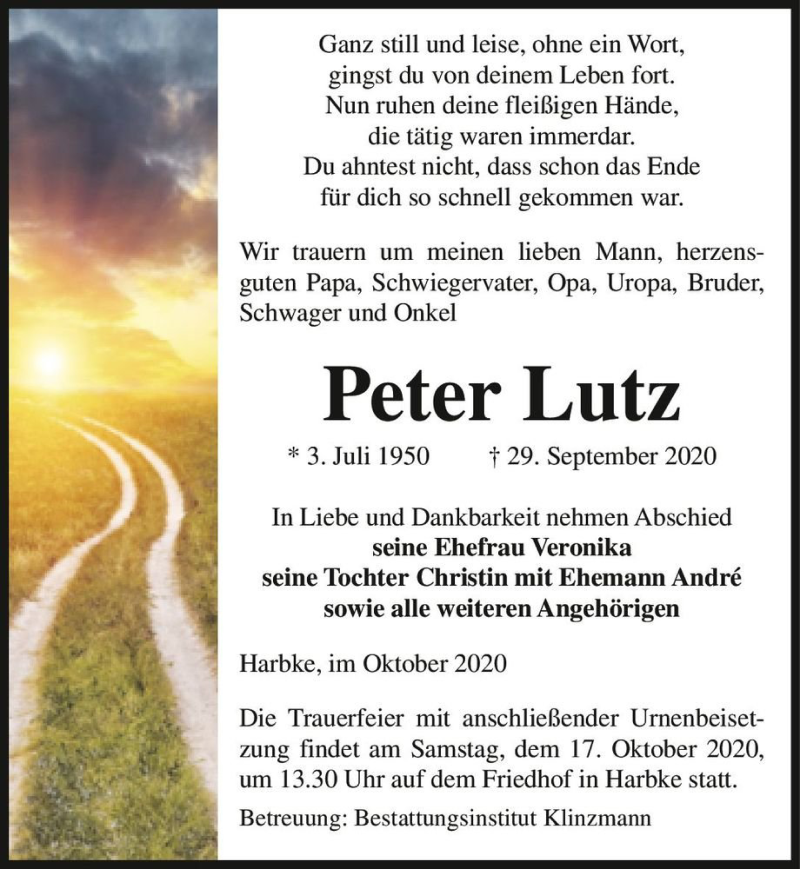  Traueranzeige für Peter Lutz  vom 06.10.2020 aus Magdeburger Volksstimme