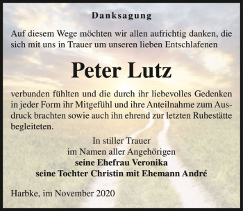 Traueranzeige von Peter Lutz  von Magdeburger Volksstimme
