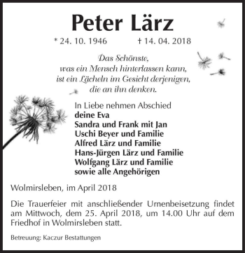 Traueranzeige von Peter Lärz  von Magdeburger Volksstimme