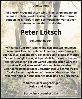Traueranzeige von Peter Lötsch  von Magdeburger Volksstimme