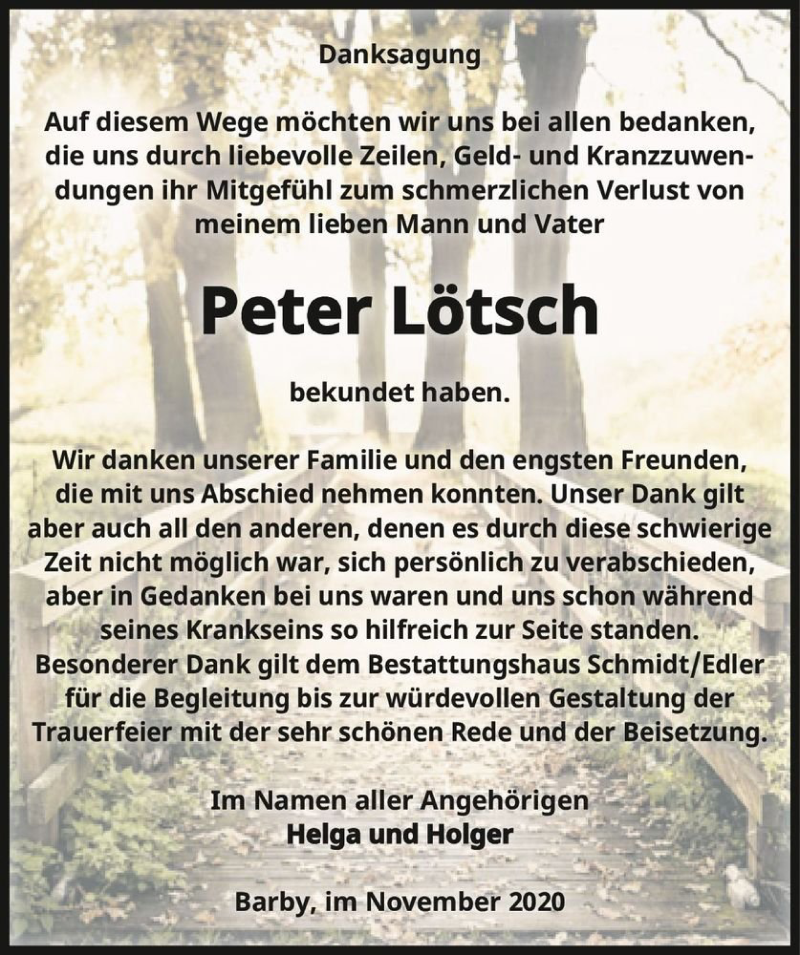  Traueranzeige für Peter Lötsch  vom 14.11.2020 aus Magdeburger Volksstimme