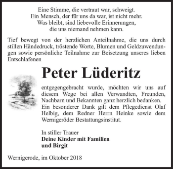 Traueranzeige von Peter Lüderitz  von Magdeburger Volksstimme