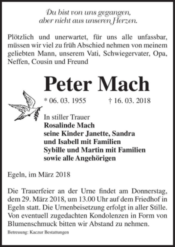 Traueranzeige von Peter Mach  von Magdeburger Volksstimme