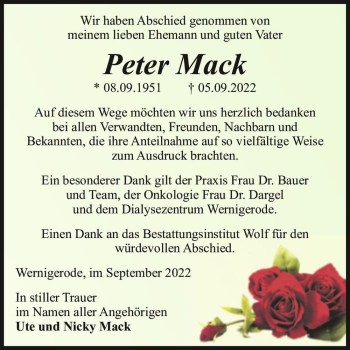 Traueranzeige von Peter Mack  von Magdeburger Volksstimme