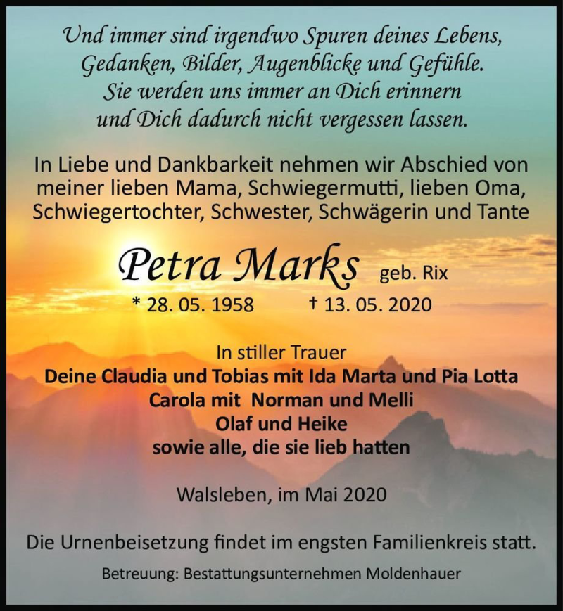  Traueranzeige für Peter Marks (geb. Rix)  vom 16.05.2020 aus Magdeburger Volksstimme