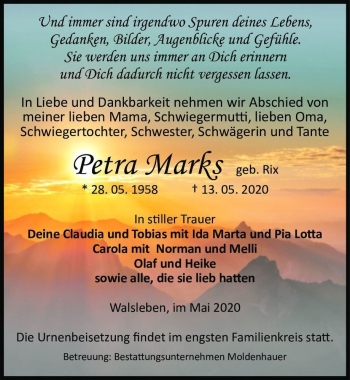 Traueranzeige von Peter Marks (geb. Rix)  von Magdeburger Volksstimme