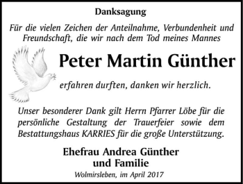 Traueranzeige von Peter Martin Günther  von Magdeburger Volksstimme