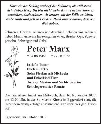 Traueranzeige von Peter Marx  von Magdeburger Volksstimme