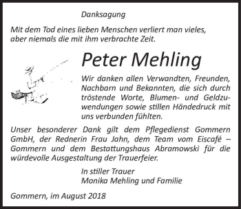 Traueranzeige von Peter Mehling  von Magdeburger Volksstimme