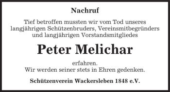 Traueranzeige von Peter Melichar  von Magdeburger Volksstimme
