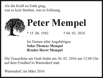 Traueranzeige von Peter Mempel  von Magdeburger Volksstimme