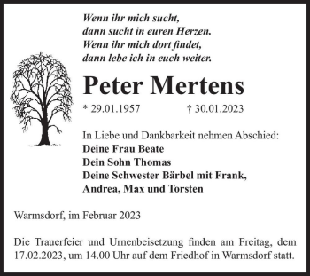Traueranzeige von Peter Mertens  von Magdeburger Volksstimme