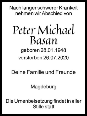 Traueranzeige von Peter Michael Basan  von Magdeburger Volksstimme