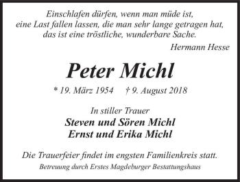 Traueranzeige von Peter Michl  von Magdeburger Volksstimme