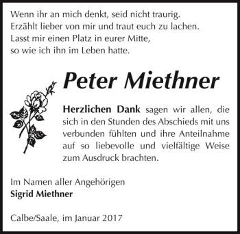 Traueranzeige von Peter Miethner  von Magdeburger Volksstimme