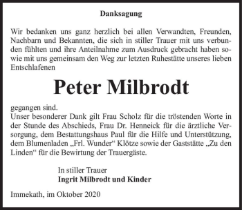 Traueranzeige von Peter Milbrodth  von Magdeburger Volksstimme