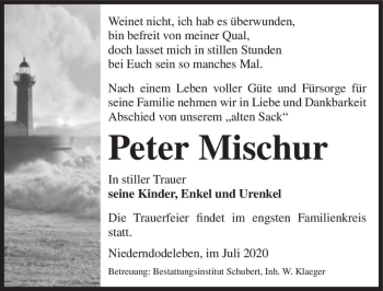 Traueranzeige von Peter Mischur  von Magdeburger Volksstimme