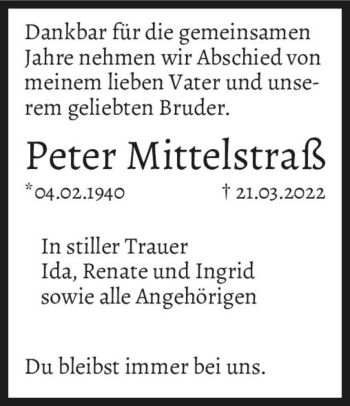Traueranzeige von Peter Mittelstraß  von Magdeburger Volksstimme