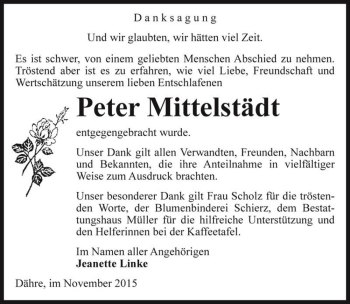 Traueranzeige von Peter Mittelstädt  von Magdeburger Volksstimme