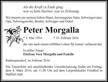 Traueranzeige von Peter Morgalla  von Magdeburger Volksstimme