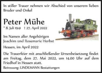 Traueranzeige von Peter Mühe  von Magdeburger Volksstimme