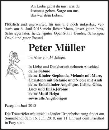 Traueranzeige von Peter Müller  von Magdeburger Volksstimme