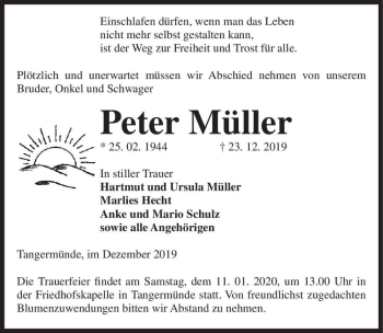 Traueranzeige von Peter Müller  von Magdeburger Volksstimme