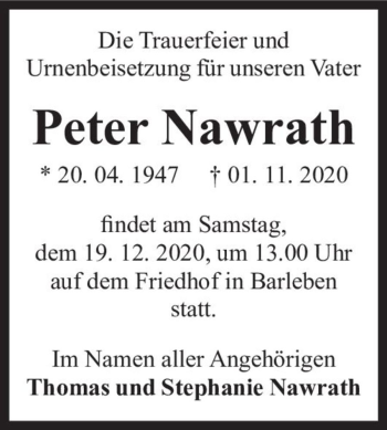 Traueranzeige von Peter Nawrath  von Magdeburger Volksstimme