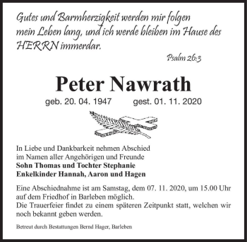 Traueranzeige von Peter Nawrath  von Magdeburger Volksstimme