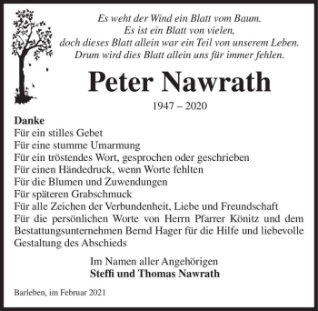 Traueranzeige von Peter Nawrath  von Magdeburger Volksstimme