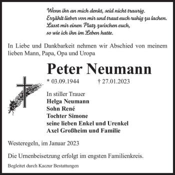 Traueranzeige von Peter Neumann  von Magdeburger Volksstimme