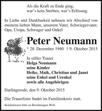 Traueranzeige von Peter Neumann  von Magdeburger Volksstimme
