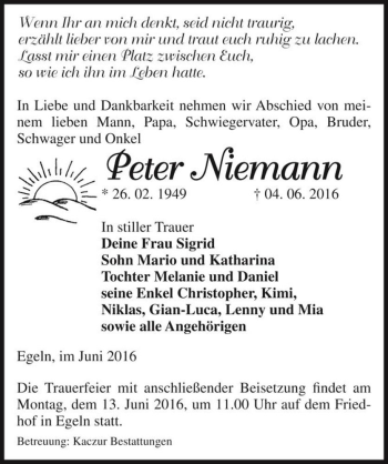 Traueranzeige von Peter Niemann  von Magdeburger Volksstimme