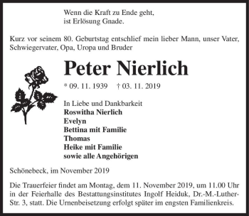 Traueranzeige von Peter Nierlich  von Magdeburger Volksstimme
