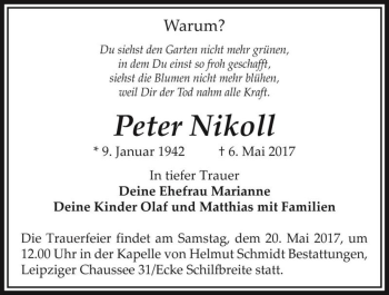 Traueranzeige von Peter Nikoll  von Magdeburger Volksstimme