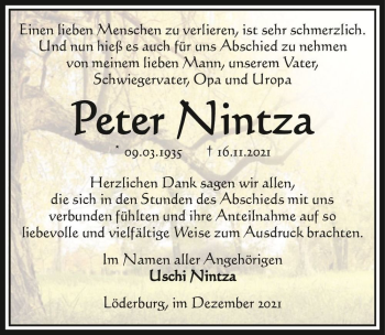 Traueranzeige von Peter Nintza  von Magdeburger Volksstimme