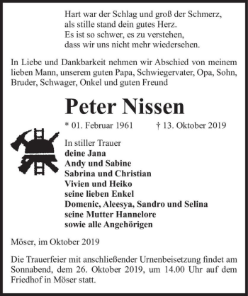 Traueranzeige von Peter Nissen  von Magdeburger Volksstimme