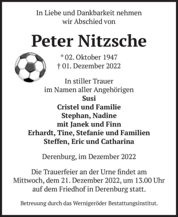 Traueranzeige von Peter Nitzsche  von Magdeburger Volksstimme