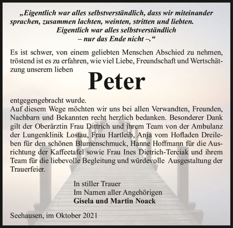  Traueranzeige für Peter Noack  vom 30.10.2021 aus Magdeburger Volksstimme