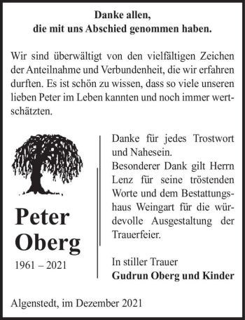 Traueranzeige von Peter Oberg  von Magdeburger Volksstimme