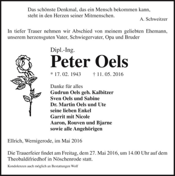 Traueranzeige von Peter Oels  von Magdeburger Volksstimme