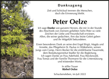 Traueranzeige von Peter Oelze  von Magdeburger Volksstimme