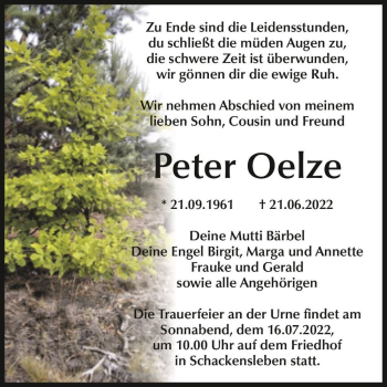 Traueranzeige von Peter Oelze  von Magdeburger Volksstimme