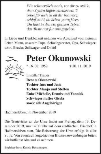 Traueranzeige von Peter Okunowski  von Magdeburger Volksstimme