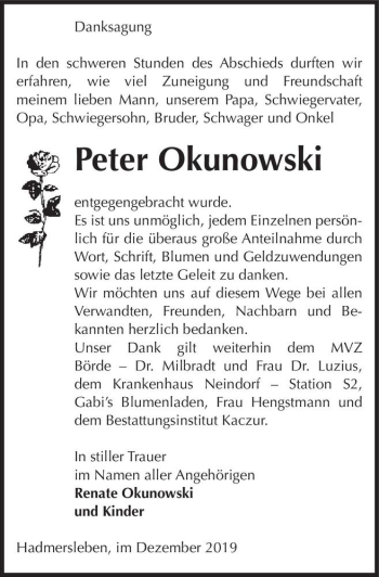 Traueranzeige von Peter Okunowski  von Magdeburger Volksstimme