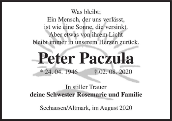 Traueranzeige von Peter Paczula  von Magdeburger Volksstimme