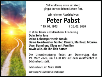 Traueranzeige von Peter Papst  von Magdeburger Volksstimme