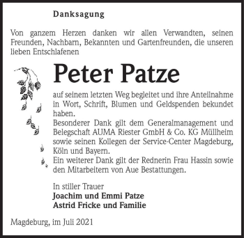 Traueranzeige von Peter Patze  von Magdeburger Volksstimme
