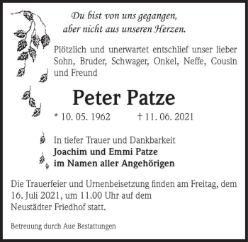 Traueranzeige von Peter Patze  von Magdeburger Volksstimme